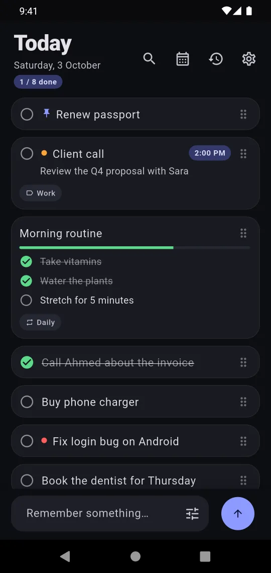 Today screen with notes, a reminder and a checklist.