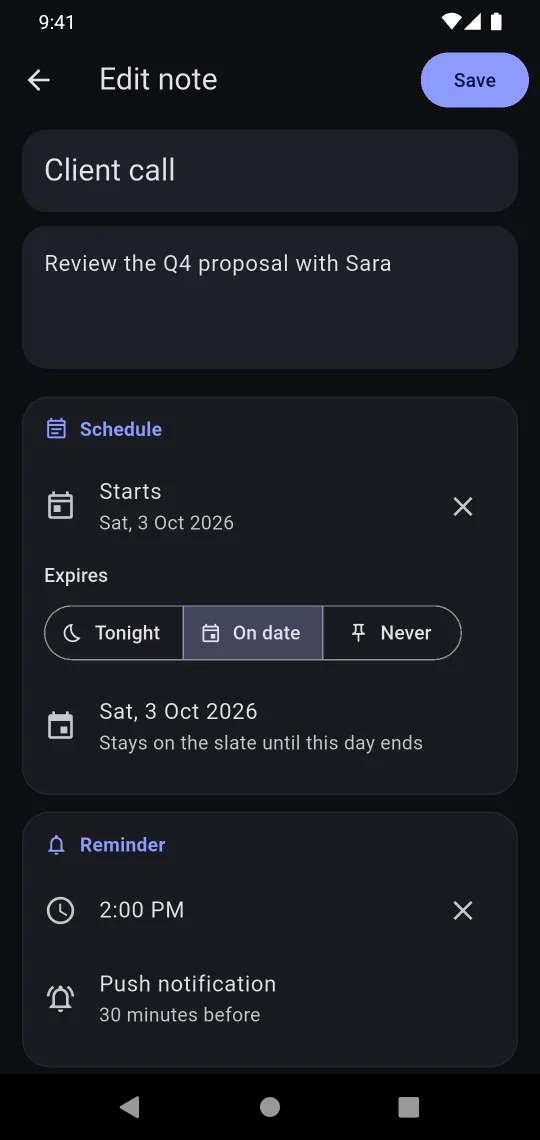 Note editor with start date, expiry and reminder.